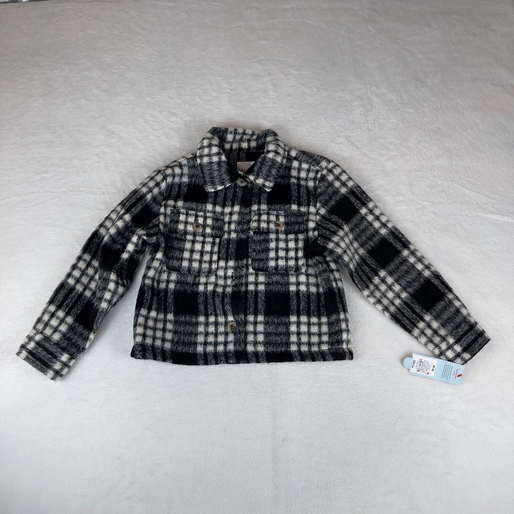 Cat & Jack Shacket Girls Medium Black‎ Plaid Cropped Flap Pockets Button Front